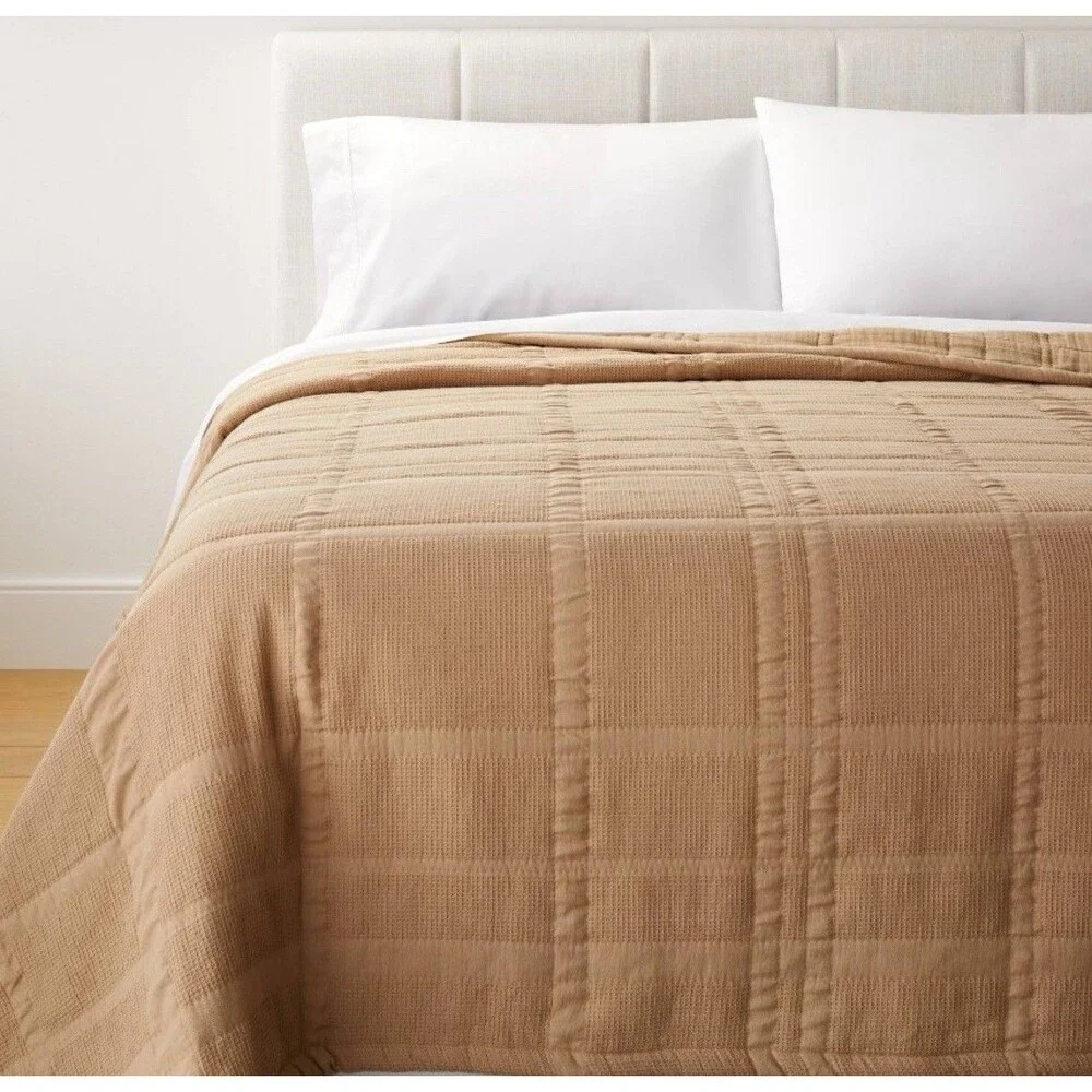 SET King+ Waffle Matelasse Quilt & 2 King Shams Camel Threshold Studio McGee NEW